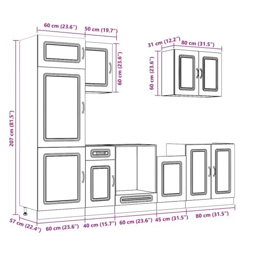 Комплект кухненски шкафове, 7 части, "Kalmar", кафяв дъб, инженерна дървесина