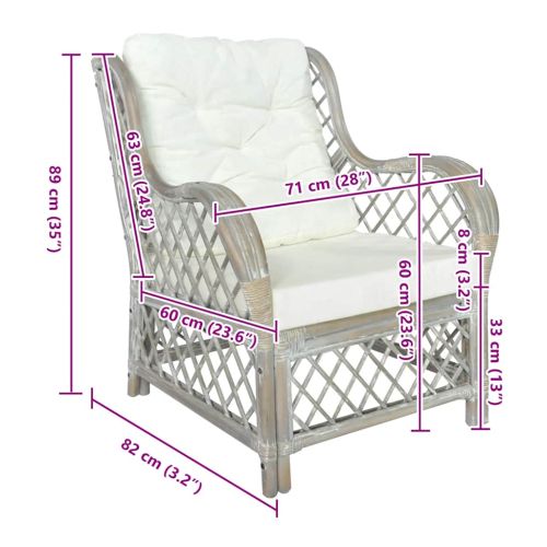 Диван с възглавница, сив, естествен ратан и лен
