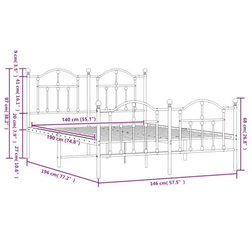Метална рамка за легло с горна и долна табла, черна, 140x190 см