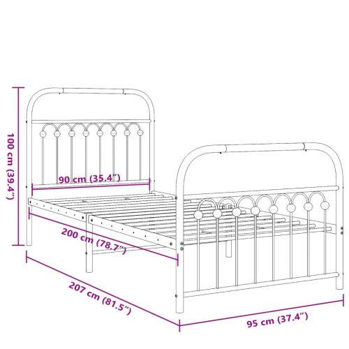 Метална рамка за легло с горна и долна табла, черна, 90x200 см