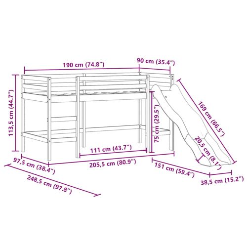 Детско високо легло с пързалка, черно, 90x190 см, бор масив