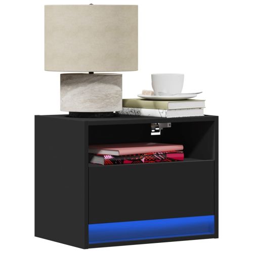 Нощно шкафче за стена с LED светлини, черно