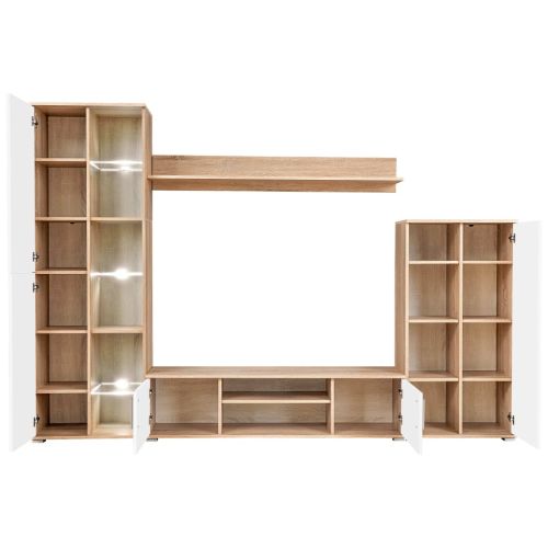 ТВ секция с LED осветление, дъб сонома и бяло