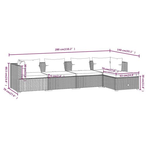 Градински лаундж комплект с възглавници 5 части черен полиратан