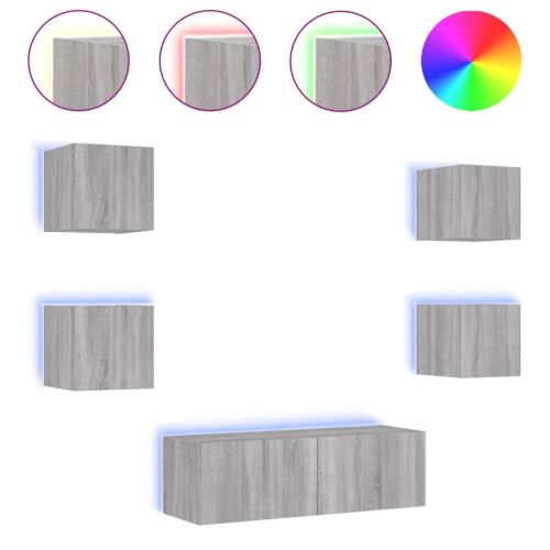 ТВ стенни шкафове, 5 части, с LED светлини, сив сонома