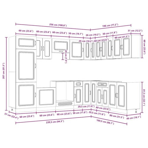Комплект кухненски шкафове, 14 части, "Kalmar", кафяв дъб, инженерна дървесина
