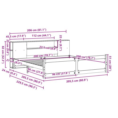 Легло с етажерка за книги, без матрак, 200x200 см, бор масив