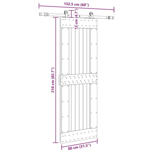 Плъзгаща врата с монтажни части, 80x210 см, борово дърво масив