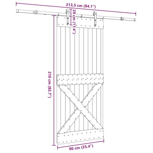 Плъзгаща врата с монтажни части, 90x210 см, борово дърво масив