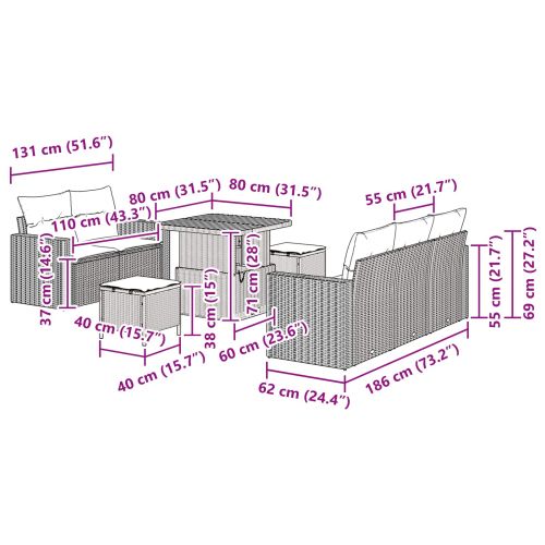 Градински Софа Комплект с възглавница 8 pcs Черно полиратан