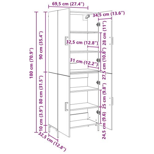 Висок шкаф Черен дъб 69,5 x 34 x 180 см Инженерно дърво
