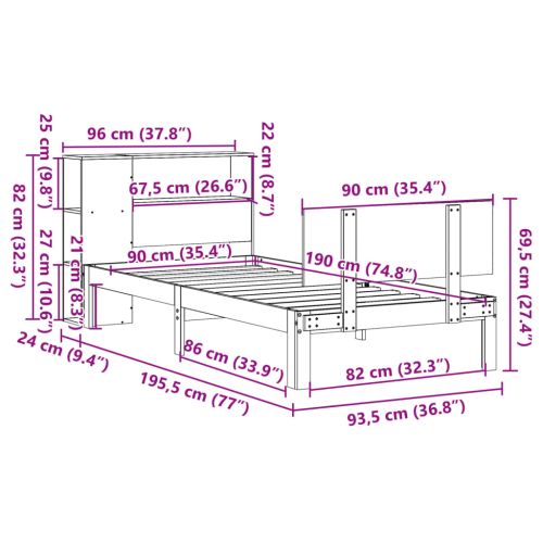 Легло с рафтове за книги, без матрак, бял, 90x190 см, бор масив