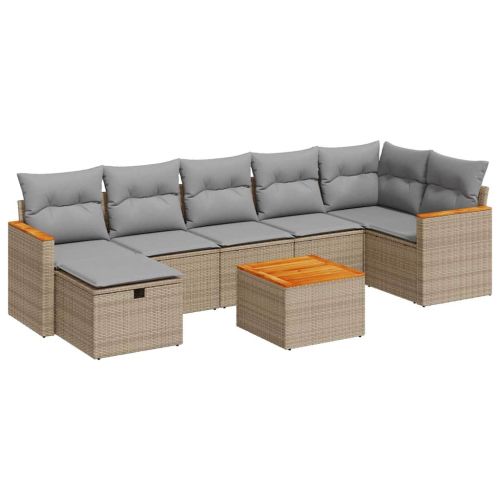 Градински диван с възглавници, 8 части, бежов полиратан