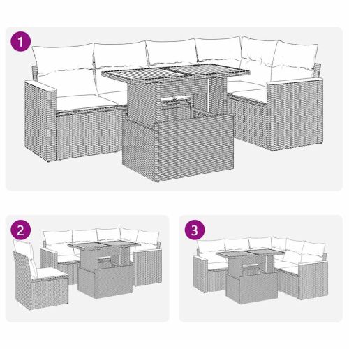 Градински диван с възглавници, 6 части, бежов полиратан, акация