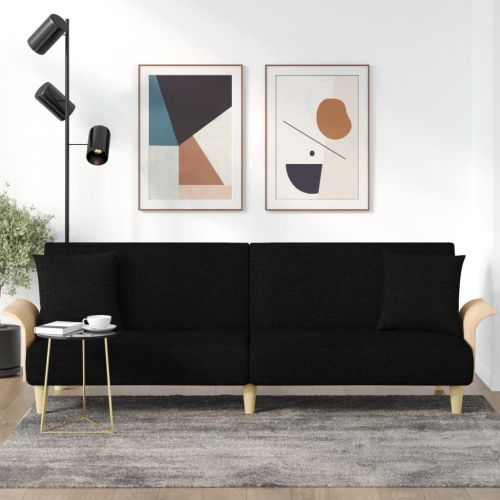 Разтегателен диван с подлакътници, черен, плат