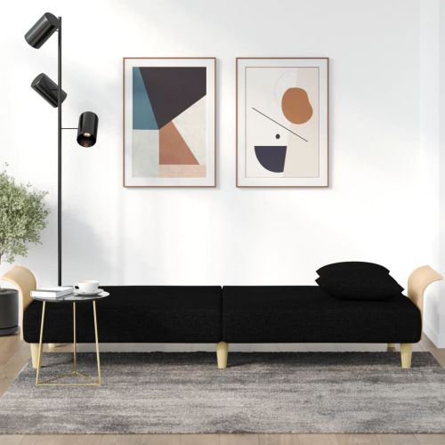 Разтегателен диван с подлакътници, черен, плат