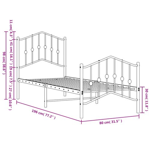 Метална рамка за легло с горна и долна табла, бяла, 75x190 см