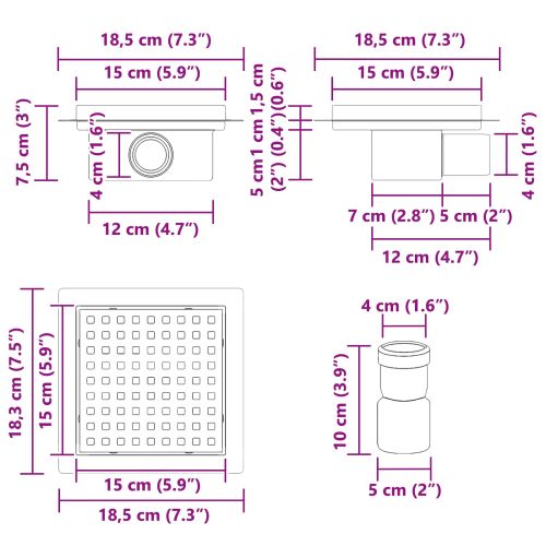 2 в 1 дренаж за душ Сребрист 15 x 15 см Неръждаема стомана 304