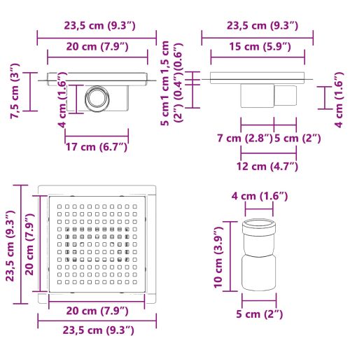 2 в 1 дренаж за душ Сребрист 20 x 20 cm Неръждаема стомана 304