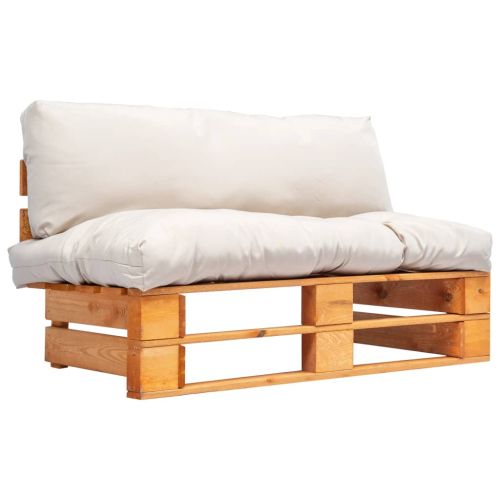Градински палетен диван с пясъчни възглавници, борово дърво