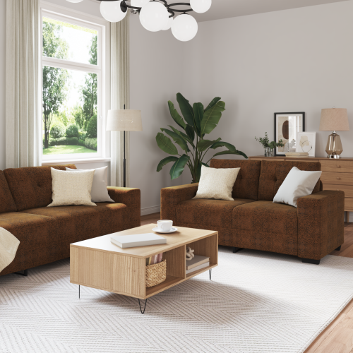 Диван 3 pcs Кафяво Ленена смесена тъкан