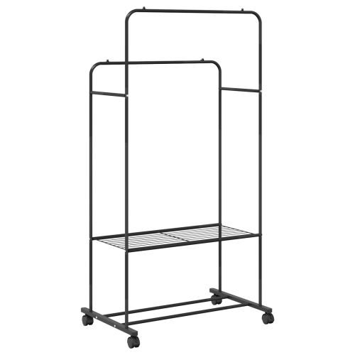 Държач за дрехи с рафт с колело със съхранение Черно