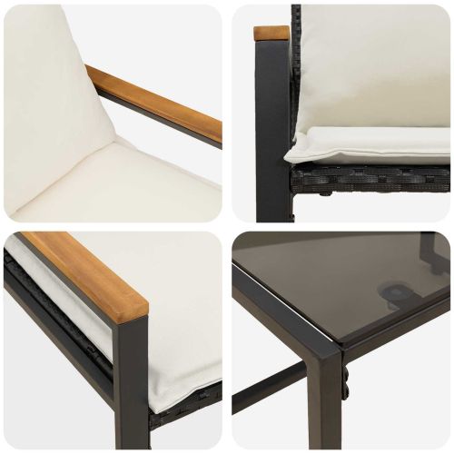 Комплекти мебели с възглавница 3 pcs Черно и кремаво бяло Ратан