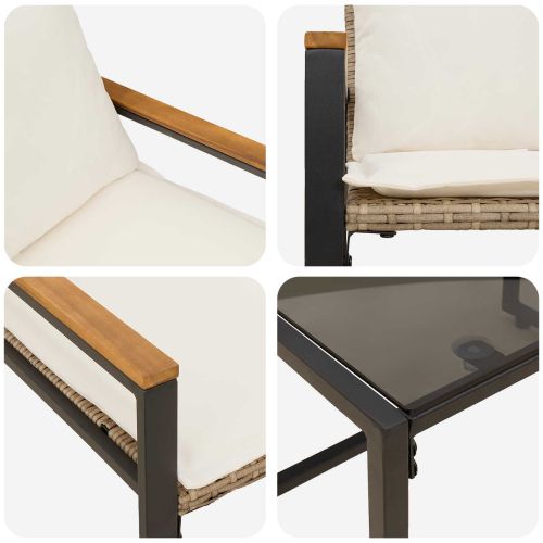 Комплекти мебели с възглавница 3 pcs Бежов и кремаво бял Ратан