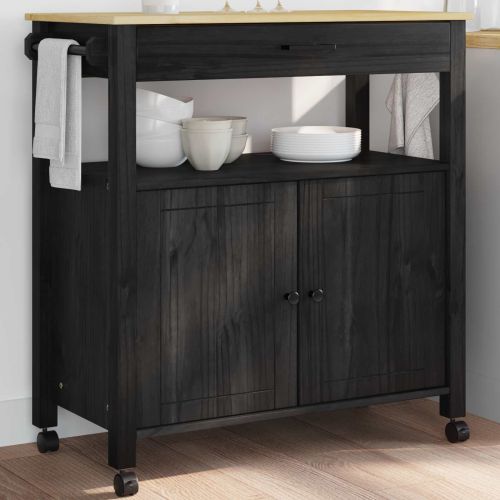 Кухненска количка Черно 88,5 x 40 x 48 см Солиден бор