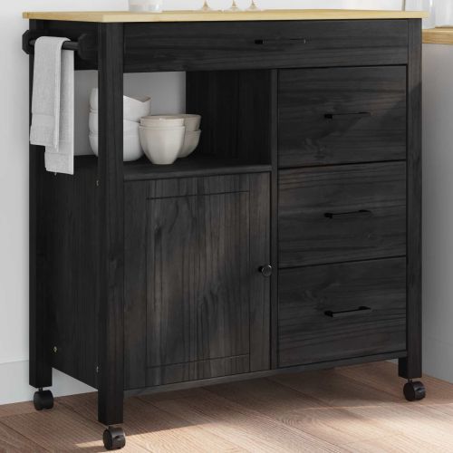 Кухненска количка Черно 88,5 x 40 x 84 см Солиден бор