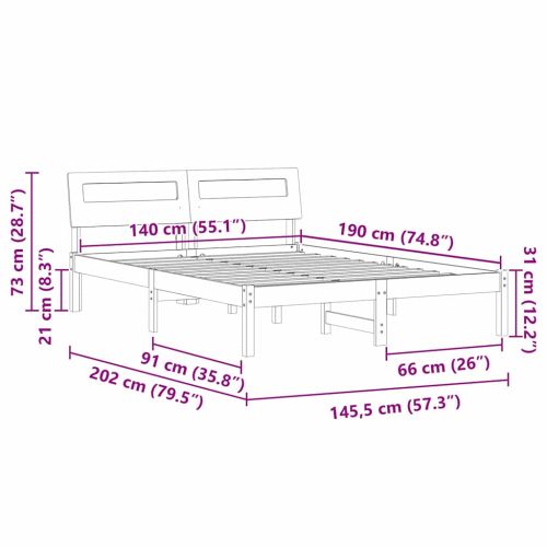 Рамка за легло с таблото Бяло 140 x 190 cm Солидно борово дърво