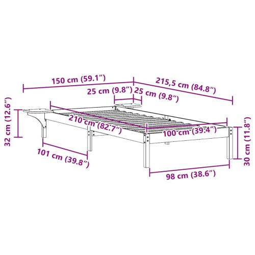 Легло с нощни шкафчета Бяло 100 x 210 cm Солидно борово дърво