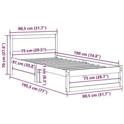 Рамка за легло с таблото Бяло 75 x 190 cm Солидно борово дърво