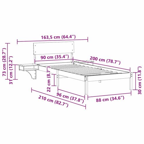 Рамка за легло с таблото Бяло 90 x 200 cm Солидно борово дърво