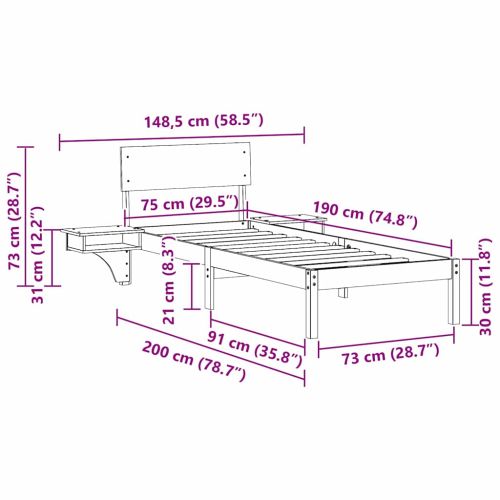 Рамка за легло с таблото Бяло 75 x 190 cm Солидно борово дърво