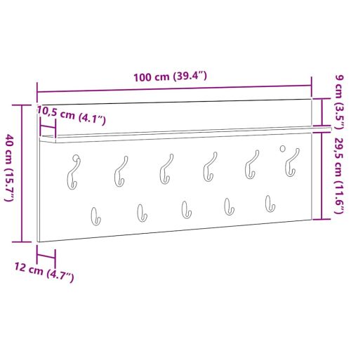 Стенен закачалка за палта с рафт Сив Сонома 100 x 40 x 12 см