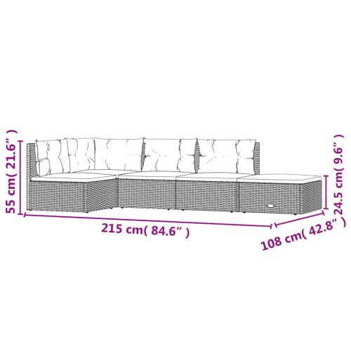 Градински лаундж комплект с възглавници 5 части черен полиратан