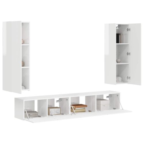 Комплект ТВ шкаф 3 pcs Лъскаво бяло Инженерно дърво