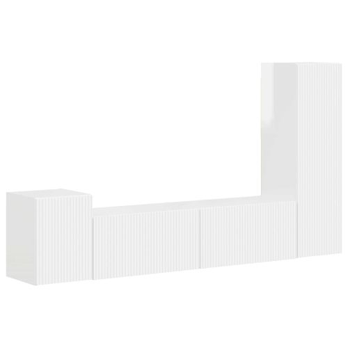 Комплект ТВ шкаф 4 pcs Лъскаво бяло Инженерно дърво