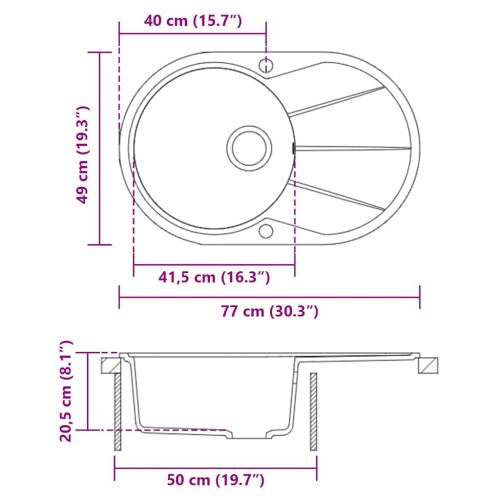 Гранитна кухненска мивка с едно корито, овална, бяла