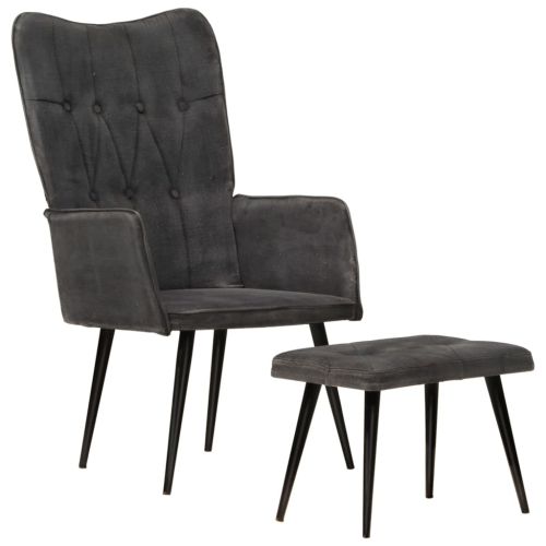 Wingback стол с табуретка, черен, винтидж, канава