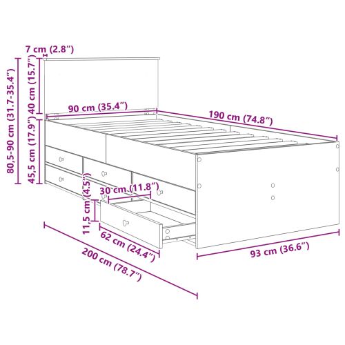 Легло-диван с чекмедже Сив Сономски дъб и черно 90 x 190 cm