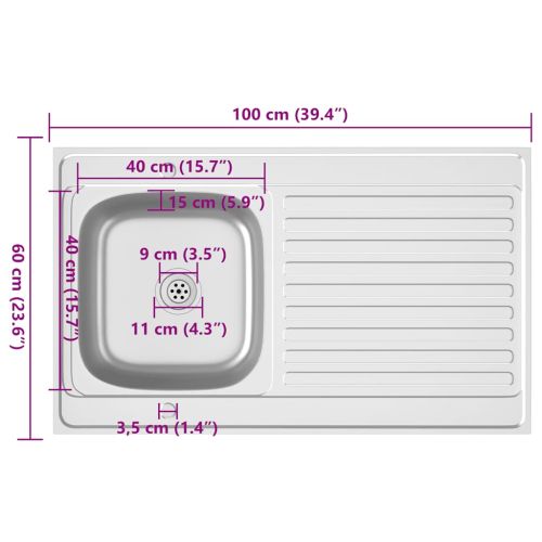 Кухненска мивка с отцедник, сребриста, 1000x600x155 мм, инокс
