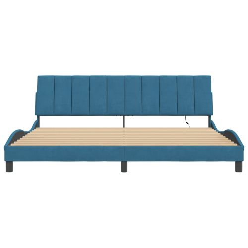 Рамка за легло с LED осветление без матрак Hanko, синя, 200x200 см, кадифе