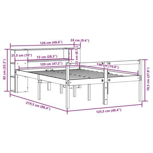 Легло с етажерка за книги, без матрак, 120x190 см, бор масив