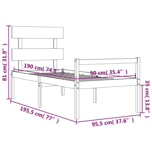 Легло за възрастни с табла, бяло, единично, масивно дърво