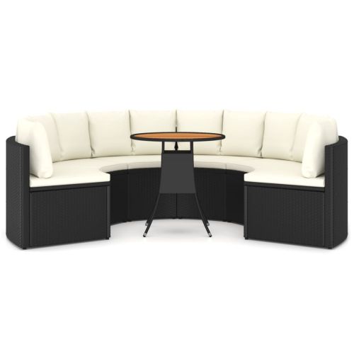 Градински комплект с възглавници, 7 части, черен полиратан