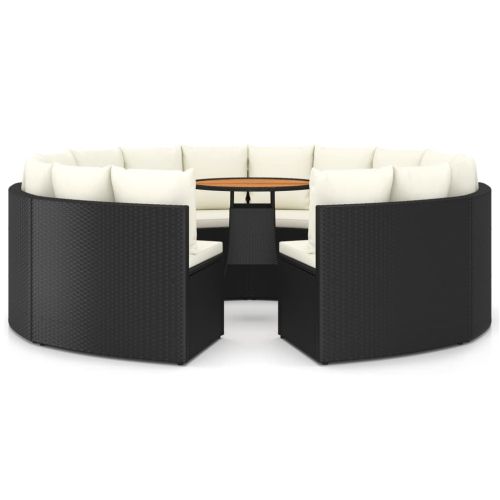 Градински комплект с възглавници, 9 части, черен полиратан