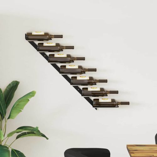 Стойка за вино за 7 бутилки, стенен монтаж, черна, метал