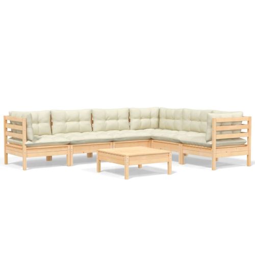 Градински лаундж комплект кремави възглавници 7 части бор масив